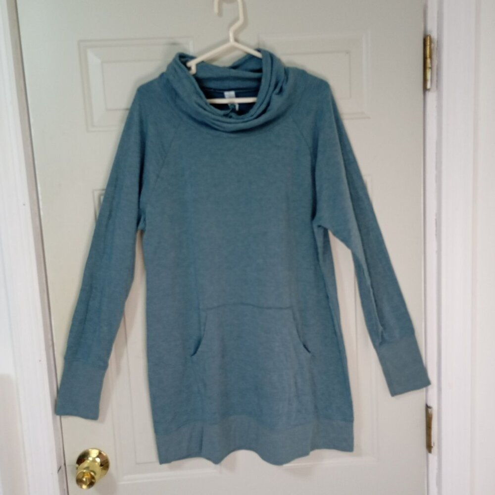 Cowl Neck Blue Soft Knit Tunic Sweater With Kangaroo Pocket Long Sleeve